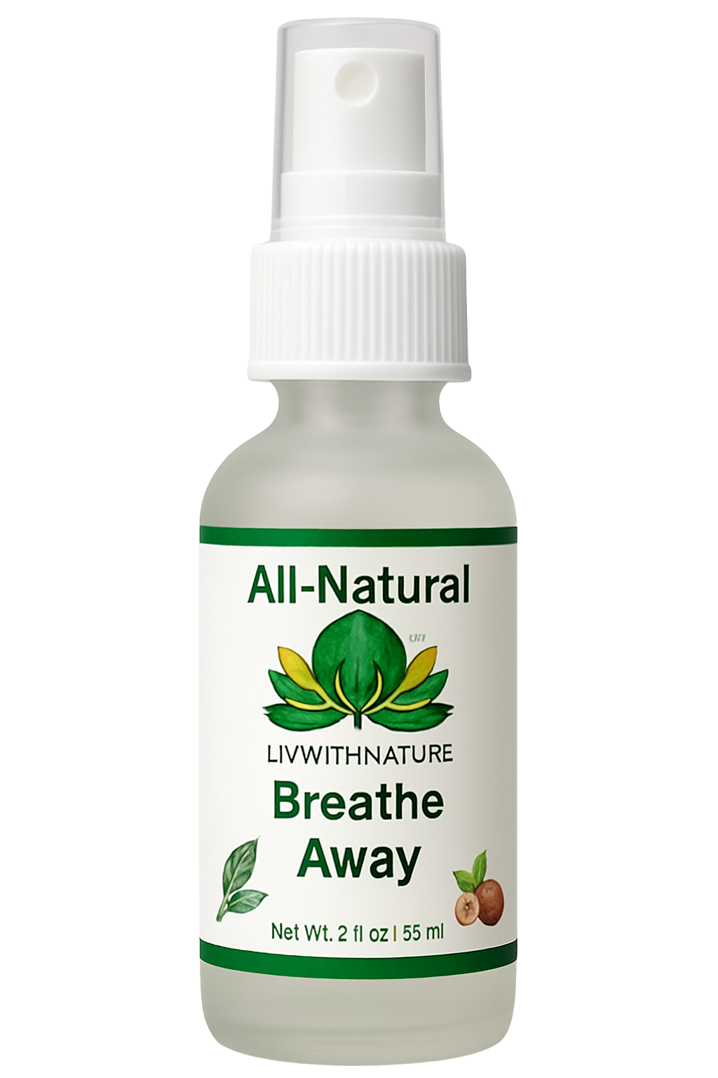 Bottle of All-Natural LivwithNature Breathe Away spray on a white background