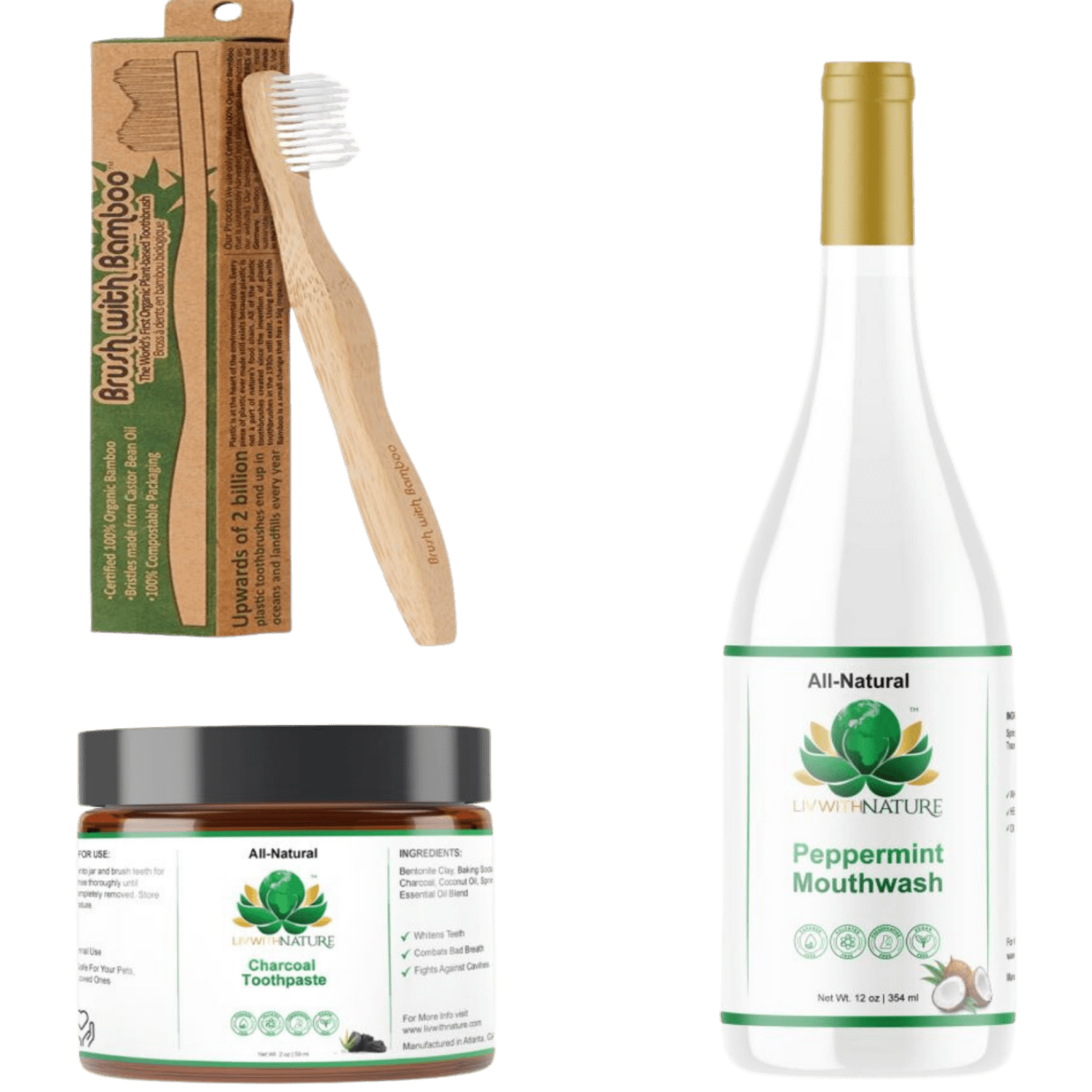 All - Natural Oral Care Bundle | Fluoride - Free Toothpaste, Oil Pulling Mouthwash & Bamboo Toothbrush - Liv With Nature