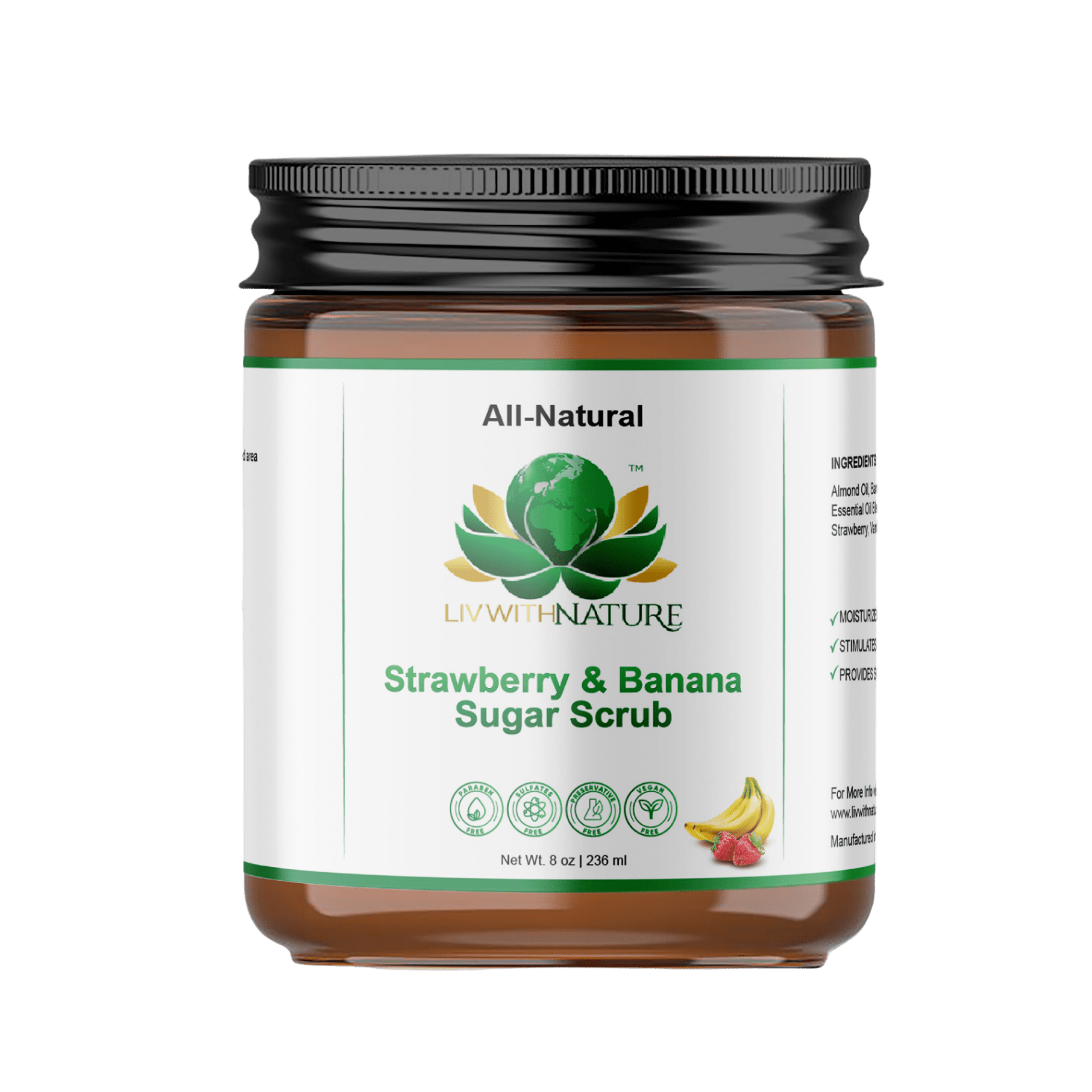 Exfoliating Sugar Scrub | All - Natural Body Polish with Strawberry, Banana & Grapeseed Oil - Liv With Nature